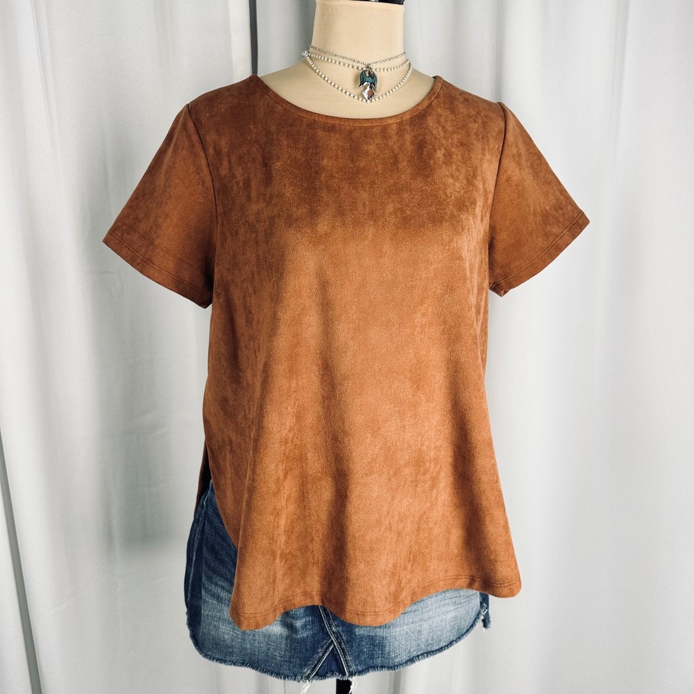 Wishlist Cognac Brown Faux Suede Short Sleeve Top Crew Neck‎ Sz S Microsuede